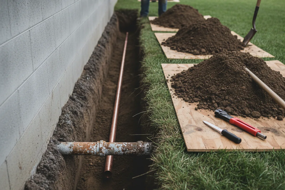 Excavated water line trench during Water Softener Installation in Purcellville